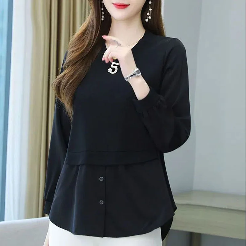 Elegant V-Neck Solid Color Spliced Button Folds Blouse Women Clothing 2022 Autumn New Loose Casual Pullovers Office Lady Shirt