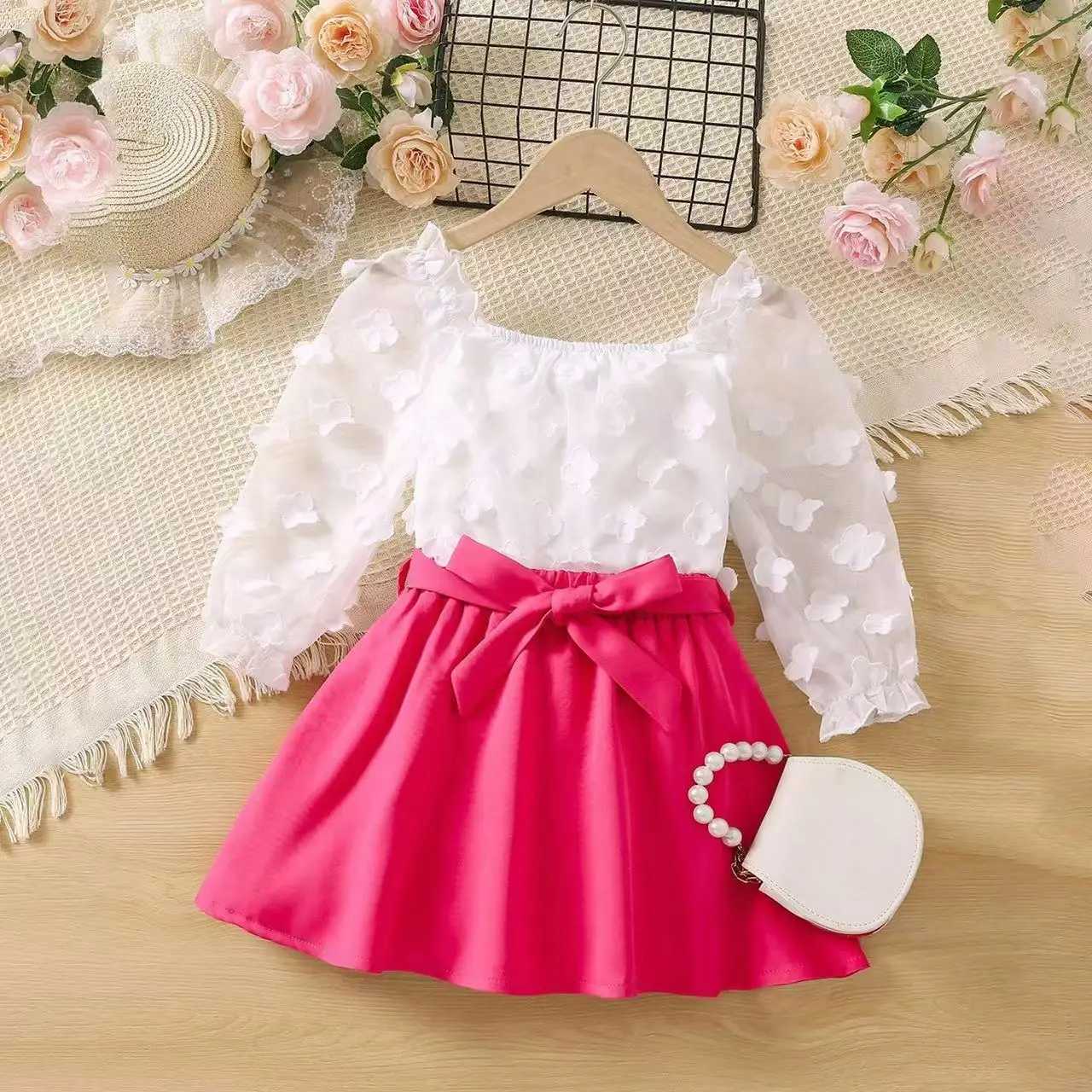 Spring and Autumn Set for Small and Medium sized Girls with Sticky Flower Long Sleeve Top and Ruffle Edge Dress Two Piece Set