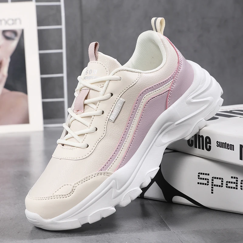 Black Thick Sole Leather Sneakers for Women Big Size 42 Fashion Women Running Shoes High Quality Flats Walking Platform Purple