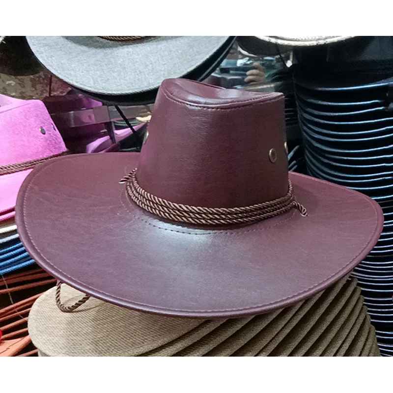 Western Cowboy Hat European And American Imitation Leather Big Brim Sun Cap Outdoor Mountaineering Fishing Knight Cap Travel Hat