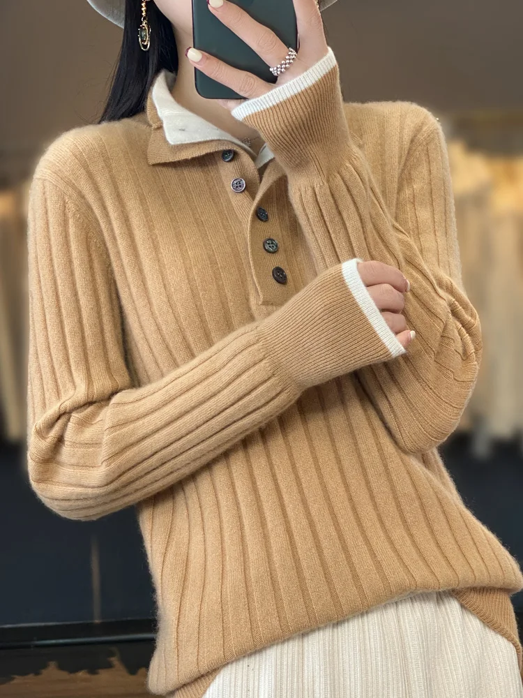 2024 High Quality Women Autumn Winter Casual Turn-down Collar Pullover Cashmere Sweater 100% Merino Wool Knitwear Clothing Tops