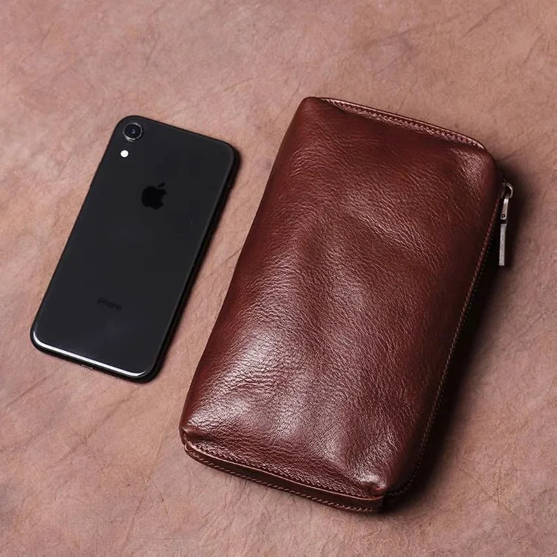 Men's Genuine Leather Soft Clutch Bag Long Wallet in Vintage Vegetable Tanned Casual Simple Phone Bags