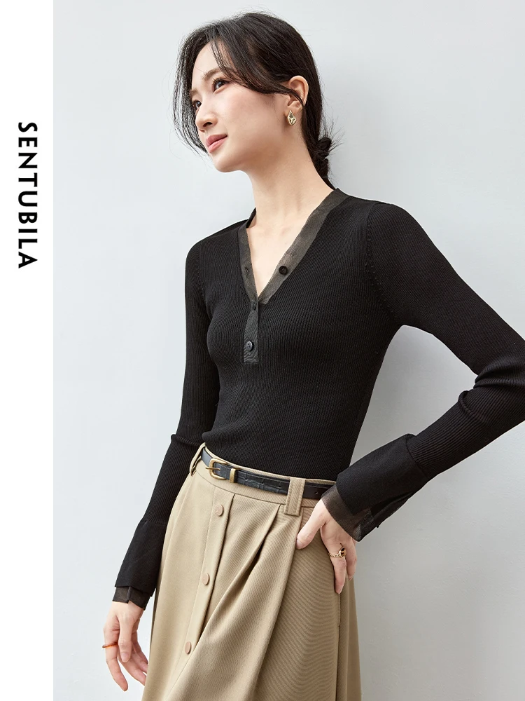 SENTUBILA Slim Fit Knitted Pullover for Women 2024 Autumn V Neck Patchwork Butterfiy Sleeve Solid Simple Women Tops W43H56835