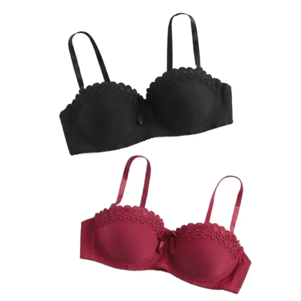 

Fashion Gathered Push Up Bra Solid Color Bow Lace Floral Bras Thin Straps Adjustable Bras Women Daily Wear