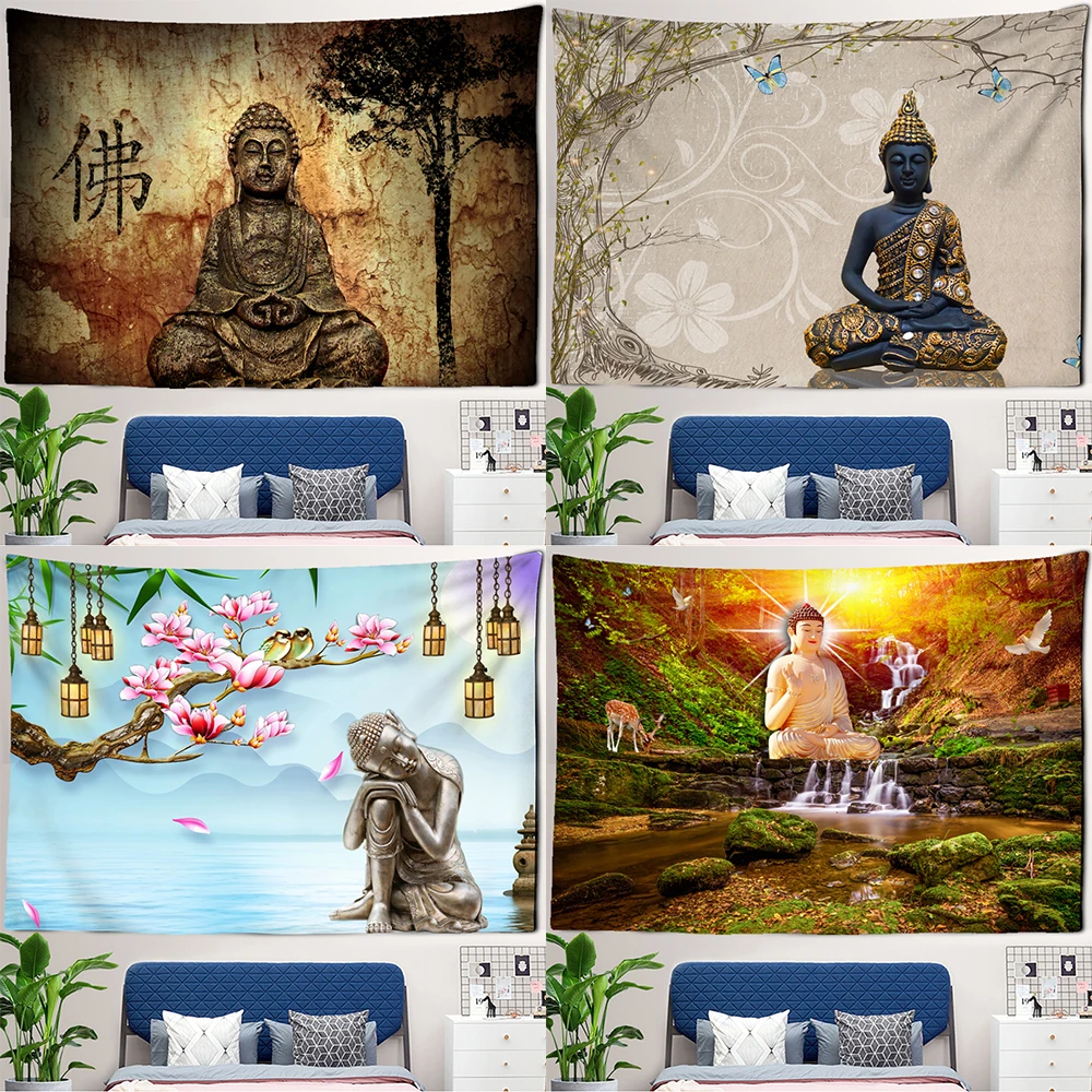 Indian Bohemia Religious Buddha Statue Print Pattern Tapestry Home Living Room Bedroom Wall Decor Background Cloth