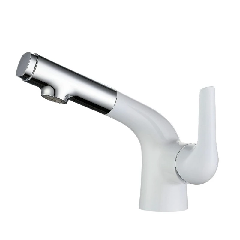 

White pull-out washbasin faucet, all-copper household bathroom faucet pull-out washbasin