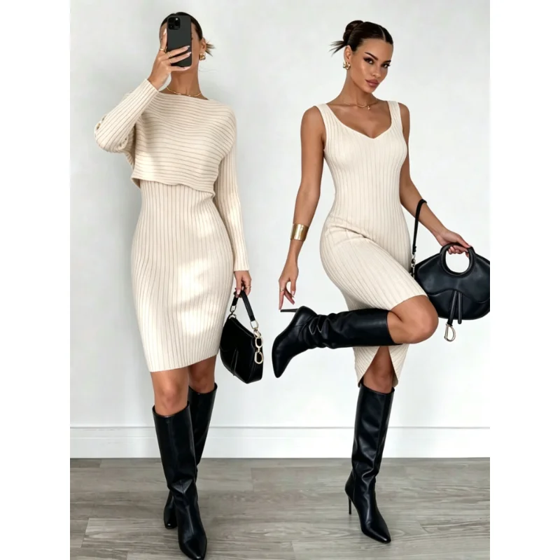 Bodycon Long Sleeve Ribbed Dress - Herbst Neues Schickes Sexy 2-Teiliges Set