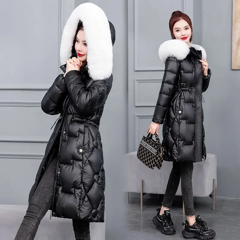 2023 New Winter Jacket Women Parkas Glossy Snow Wear Coat Fashion Female Hooded Fur Collar Parka Long Windproof Overcoat