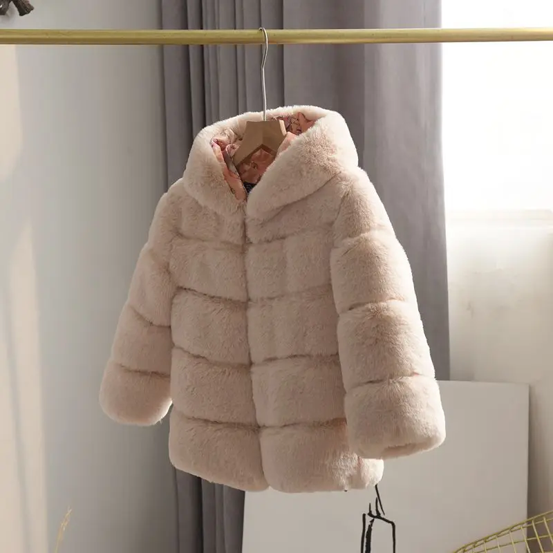 

Girl Faux Fur Short Coats Kids Jackets Hooded Coat Thick Warm Solid Casual Jacket Elegant Regular Outerwear Autumn Winter 2025