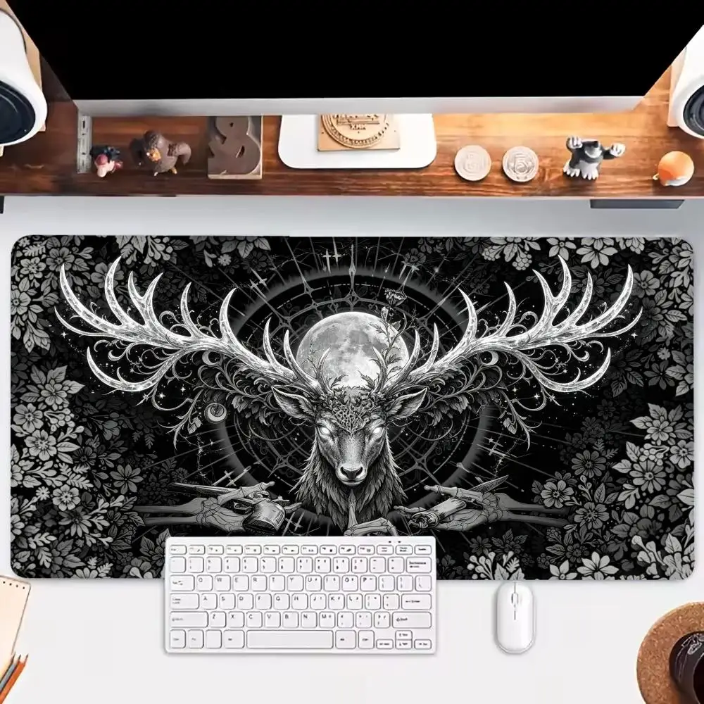 Large Gaming MousePad Desk Mat Keyboard Pad Black White Floral Deer Big Moon Mystic Gothic Art Print Luxury Extended  Cool Decor