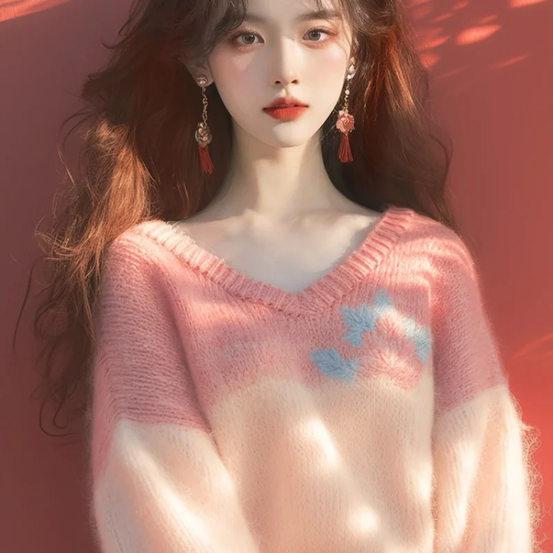 

Pink Spliced Knitted Sweater Lazy High-End Women's Early Autumn New Princ Sle Unique Super Beautiful Knitted Top