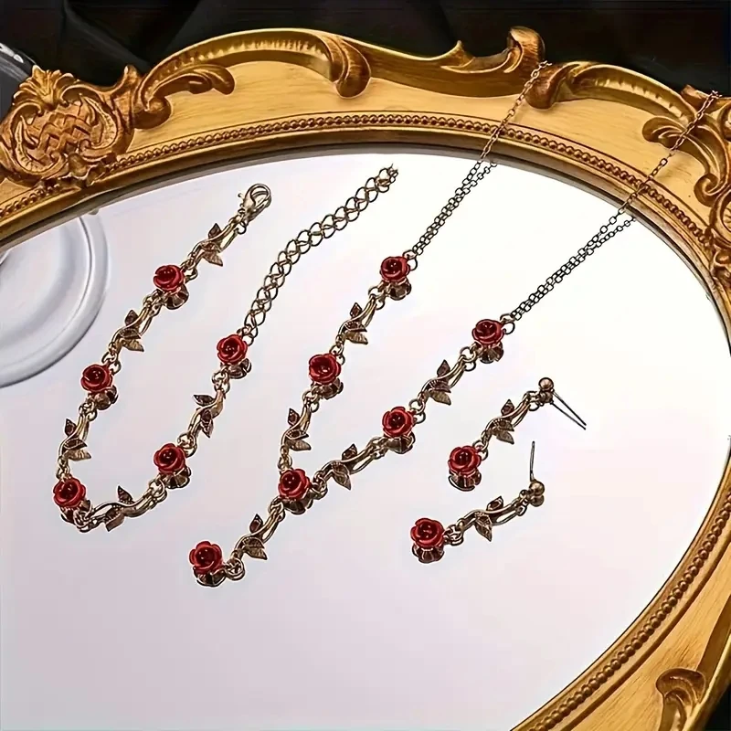 New Cross-border Fashion Jewelry, Vintage Rose Necklace and Earrings, Light Luxury High-end Necklace Set