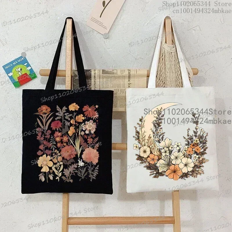 Floral Moon Women Shopping Tote Bags Canvas Large Capacity Student Casual Plant Style Shoulder Bag Wild Flower Women Handbags