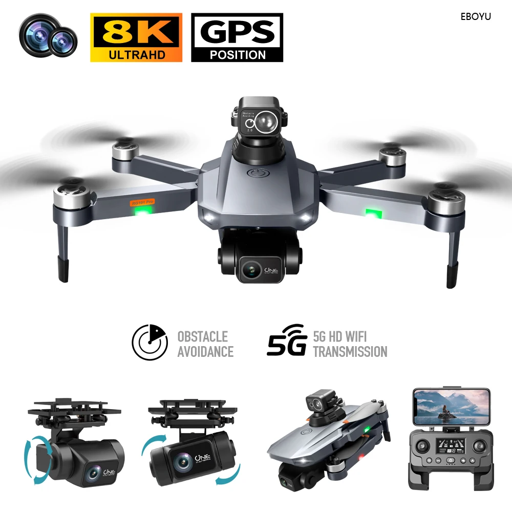 EBOYU RG101pro GPS RC Drone Brushless Motor 5G WiFi FPV 8K HD Cams w 360 Laser Avoidance Dual GPS Return RC Drone Quadcopter Toy