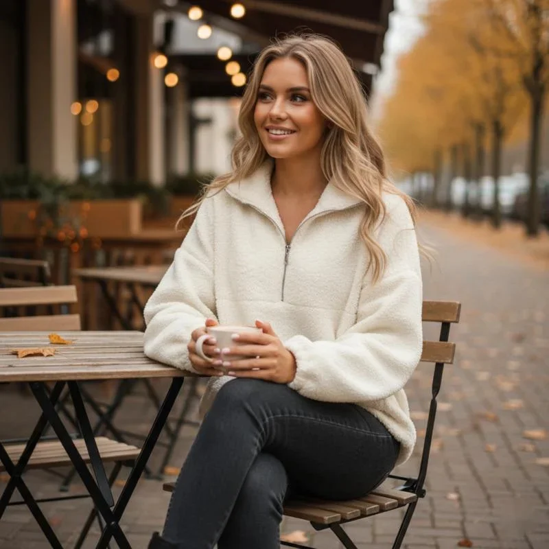 

Модная женская шерстяная теплая куртка с длинным рукавом, однотонная, с полумолнией и многофункциональными карманами, свободная осенняя повседневная одежда