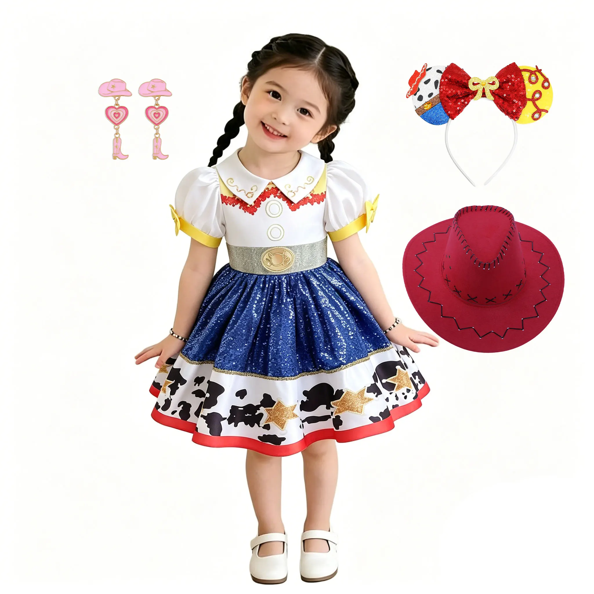 Mädchen Western Cowgirl Pailletten Prinzessinnenkleid 2026 Film Jessie Cosplay Kostüm Halloween Karneval Spielzeug Party Rollenspiel Fantasie-Outfit