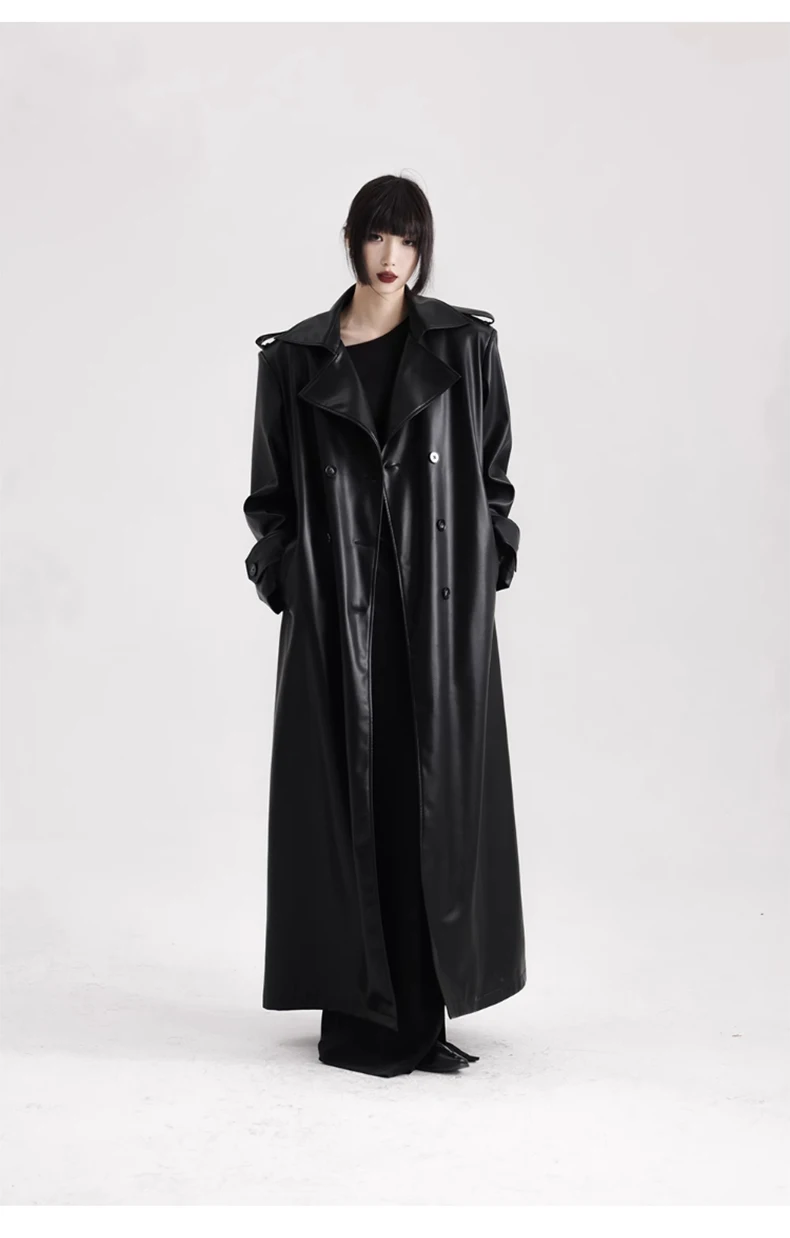 Lautaro Spring Autumn Extra Long Black Soft Pu Leather Trench Coat for Women Double Breasted Loose Casual Korean Fashion 2024