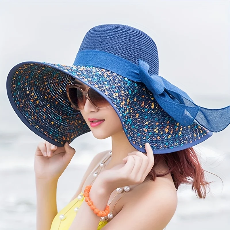 Wide Brim Straw Hat Folding Summer Sun Hat Ladies Leisure Beach Hat Tourism Sun Hat With Bow Decor