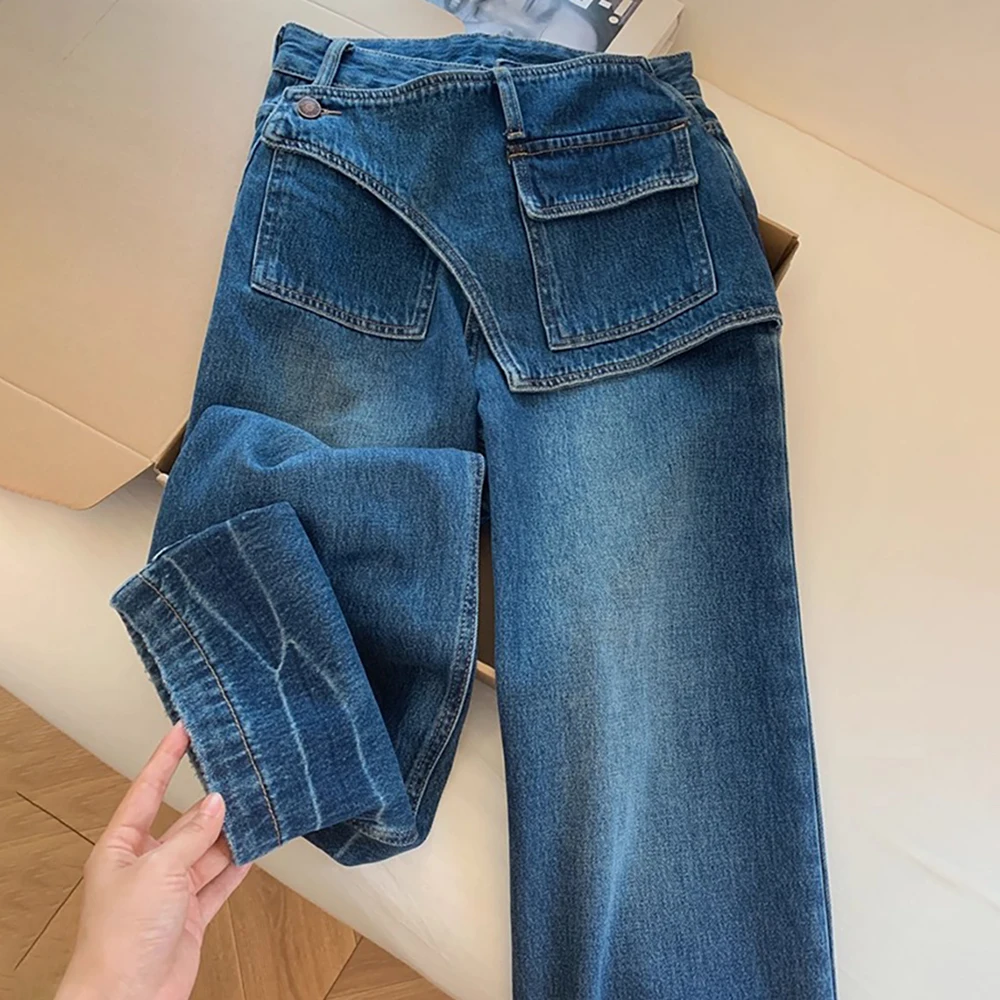 

Искусственные темно-синие джинсы из двух частей, женские узкие прямые джинсовые брюки с высокой талией в американском стиле, дизайнерские женские свободные брюки