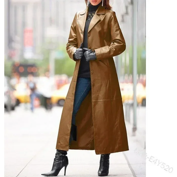 2023 New Autumn Winter Women\'s Clothing Button Leather Coat Long-Cut Coat Slim Fit Slimming Pu Leather Wind Coat