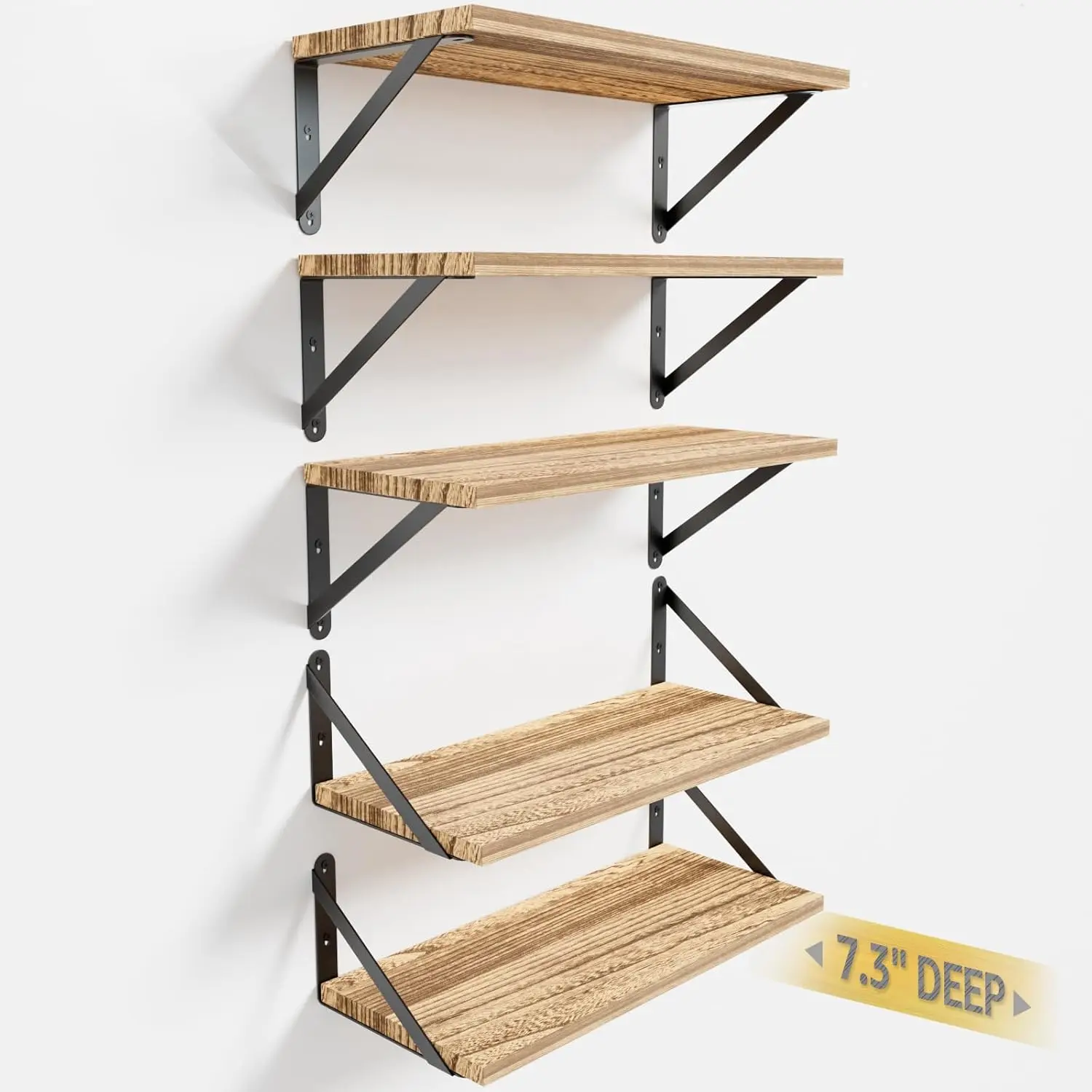 

Wall Shelves 7.3" Deep Set of 5, Solid Paulownia Wood Wider Longer Sturdy Easy to Install Wall Mounted Bookshelves Stor