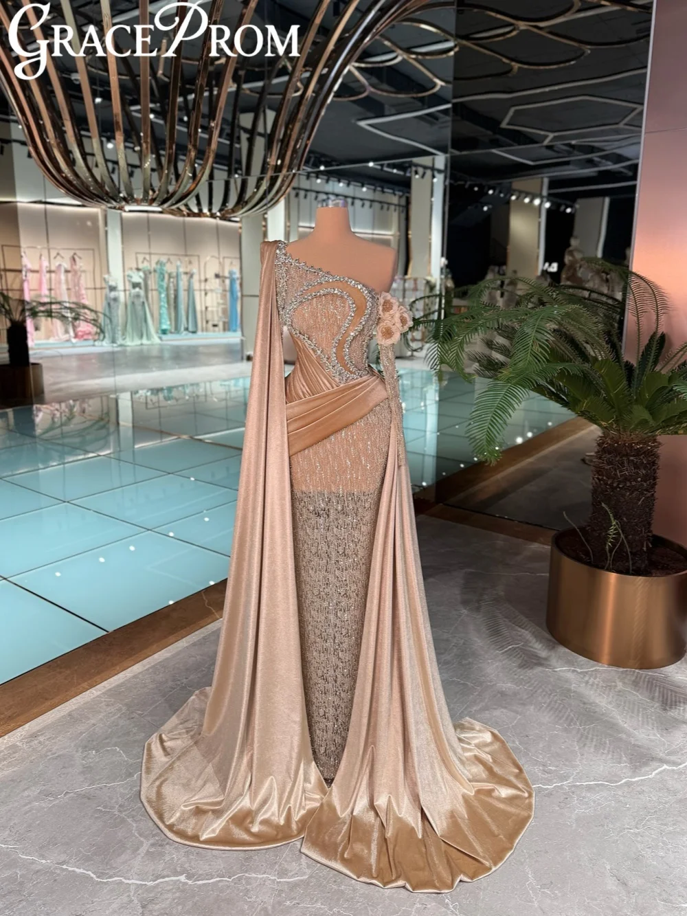 

New Arrival Sparkly Crystal Evening Dress With 3D Flower Velvet Cape Sleeve Formal Party Gown Customized Fashion Prom Dresses