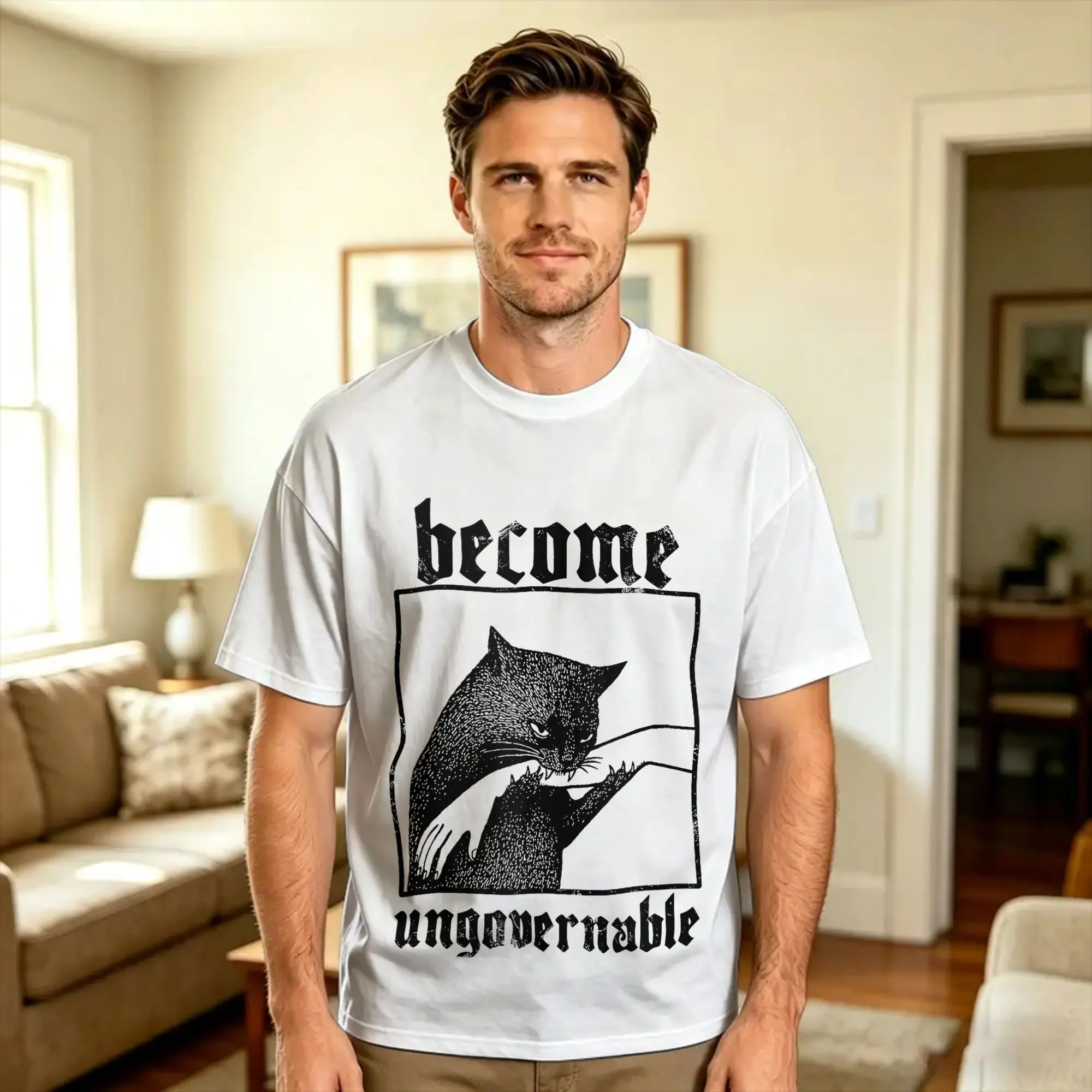 Become Ungovernable Black Cat Biting Hand Funny Meme Cats T Shirt  Leisure T Shirts Short-Sleeved Streetwear Tops Cotton Clothes