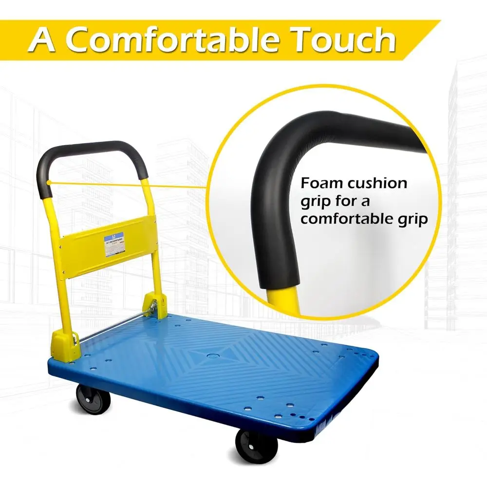 Camión con plataforma plegable y resistente con capacidad de 770 libras: cubierta azul, mango amarillo, perfecto para el hogar, el jardín, la oficina, la taller,