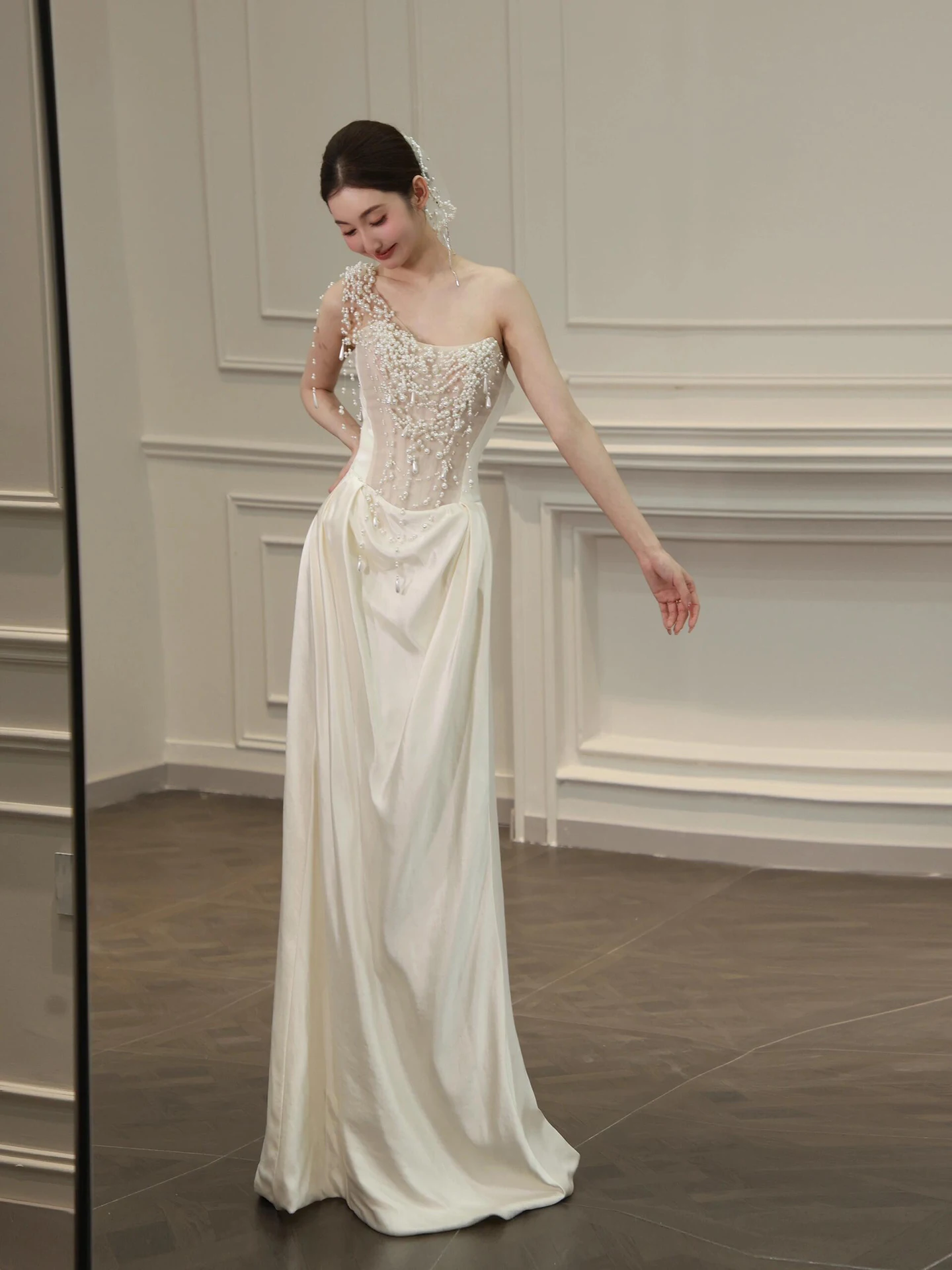 

Ele Pearl Bridal Dr Korean Sle Zipper Design Fi Tail Evening Gown for Wedding Reception Guest Meet out Door Dr