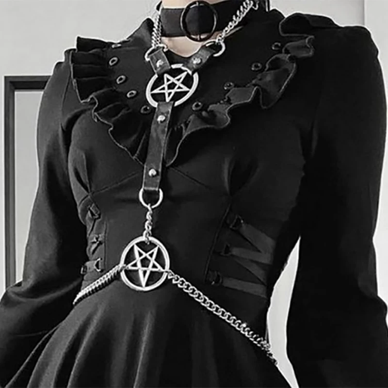 Adjustable Pu Leather Body Chain Pentagram Fashion Harness Gothic Chest Chain Party Dress Rave Festival Accessories Women Girls