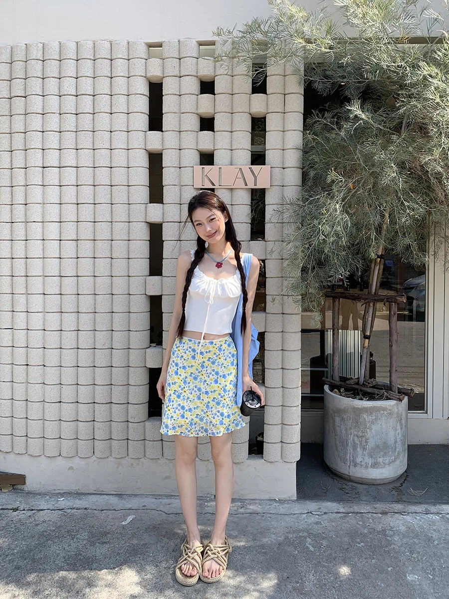 

Юбка трапециевидной формы с низкой талией, корейская юбка с цветочным принтом, женская летняя новинка из полиэфирного волокна для поездок на работу