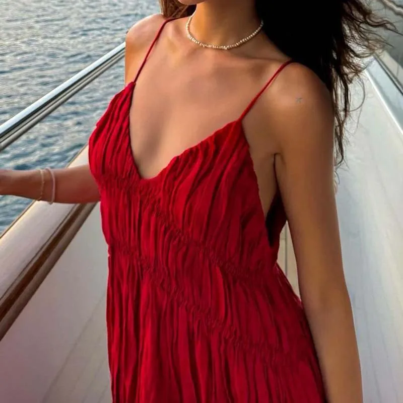 Moda baixo corte com decote em v praia vestido longo verão oco sem costas cor sólida vestido de festa casual suspender plissado vestidos femininos