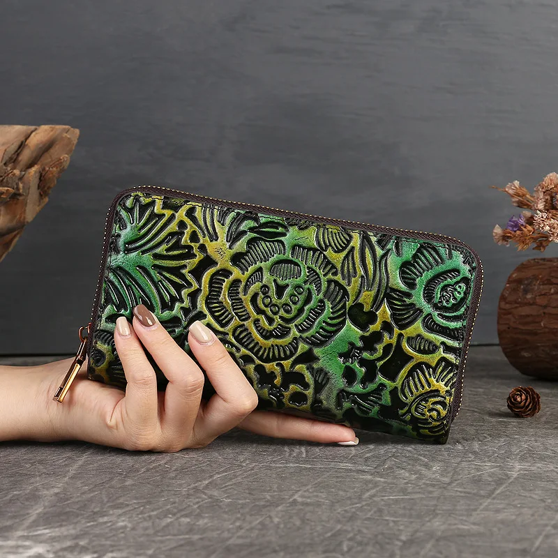 3D Floral Pattern Genuine Leather Purse Women Real Cow Leather Wallet Ladies Large Capacity Cowhide Clutch Hand Bag