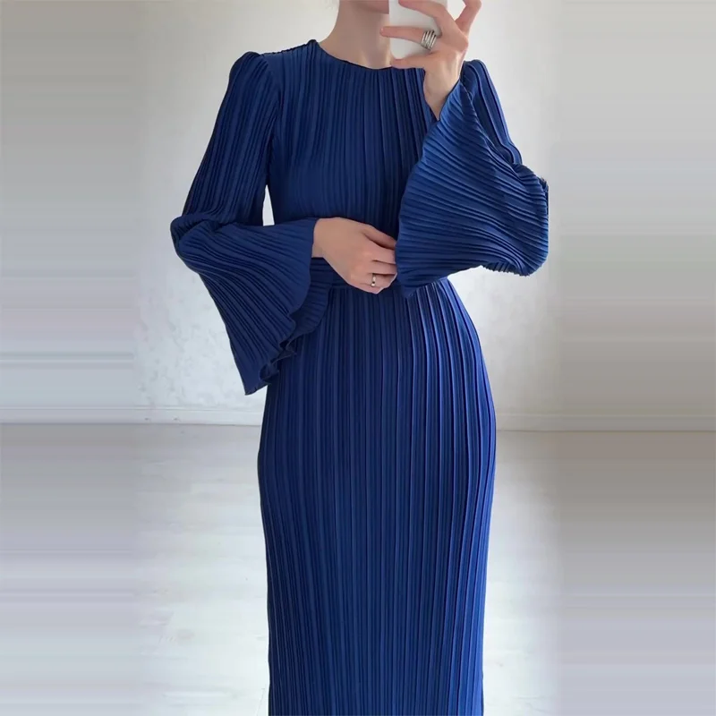 New Autumn Women Pleated Flared Sleeve Mid Length Dress 2024 Lady O Neck Casual Party Dress Spring Female Belt Slim Office Dress