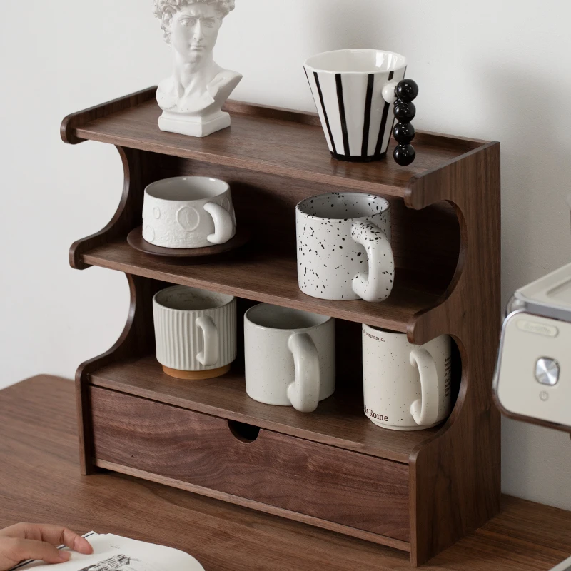 رف أكواب شاي الجوز، منظم كوب خشبي للطاولة، حامل عرض القهوة والشاي الفرنسي لتخزين طاولة الطعام والمطبخ المنزلي