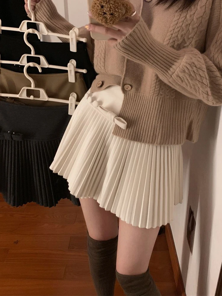 Sweet Bow Mini Skirt Women Early Autumn High Waist Solid Pleated A Line Skirts Hottie Vintage Harajuku Preppy All Match Skirt