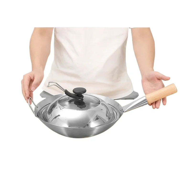 Durable Stainless Steel Wok,Brushed Polished,Beech Anti-Scald Handle,Kitchen Cookware for Gas Stoves,Portable Chef Cooking Pot