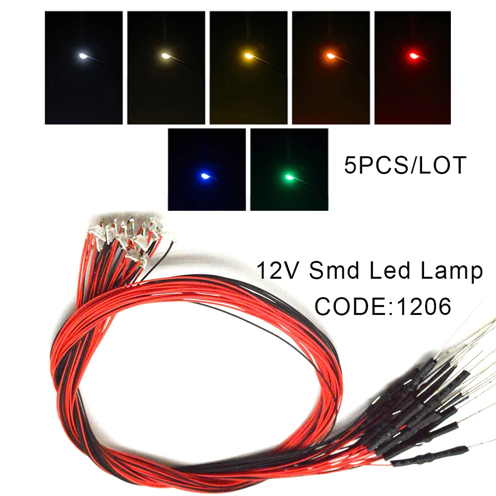 

5 шт., 12 В, 1206, предварительно припаянная светодиодная лампа SMD, проводная микролиц для сцены Gun-dam/макета железнодорожного поезда/автомобили/Diorama/ландшафты
