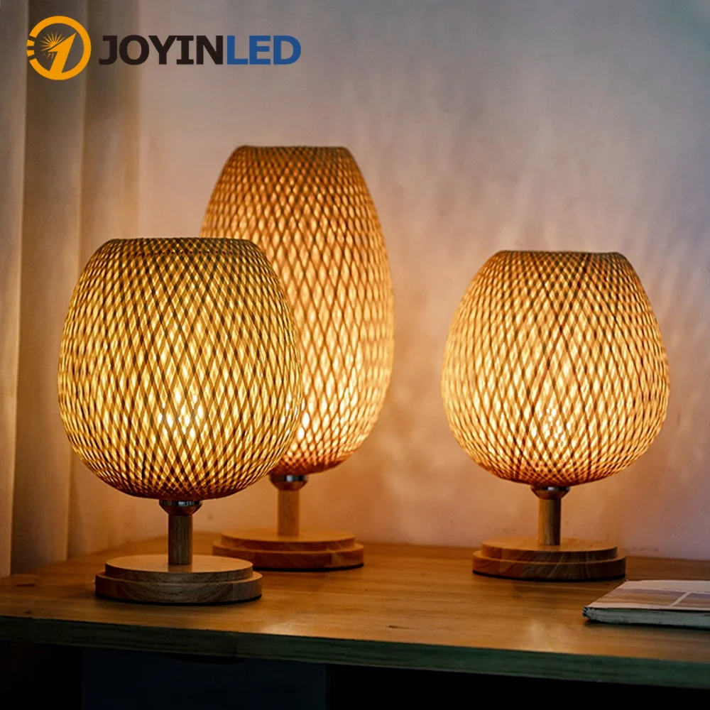 Small Rattan Table Lamp, Stepless Dimmable Beside Lamp, Vintage Wicker Wooden Nightstand Lamp, for Bedroom Living Room Desk