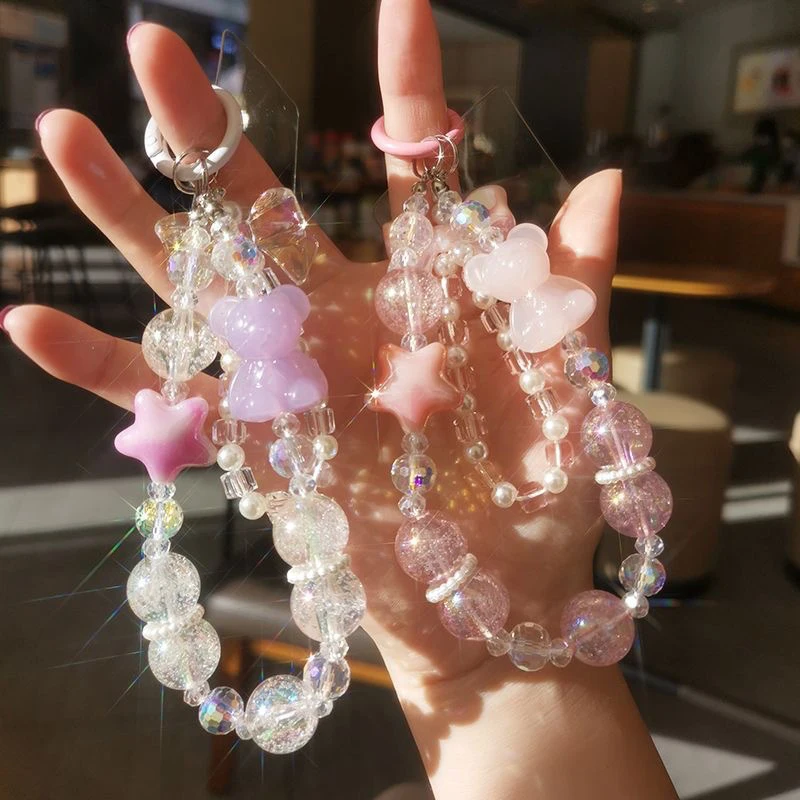 Mobile Phone Lanyard Wrist Chain Colorful Bear Five Star Crystal Beads Women Hand-held Double Chain Short Anti-lost Keychain