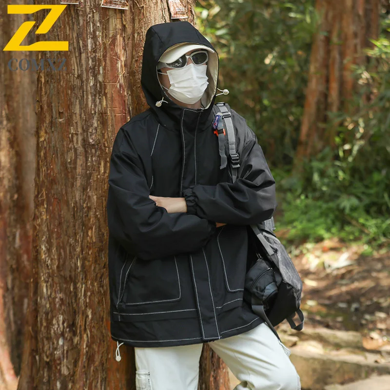 

EiAO Jacket Men Women Outdoor Workwear Waterproof Windproof Hooded Casual Coat Streetwear Loose Fit for Hiking Camping Fishing