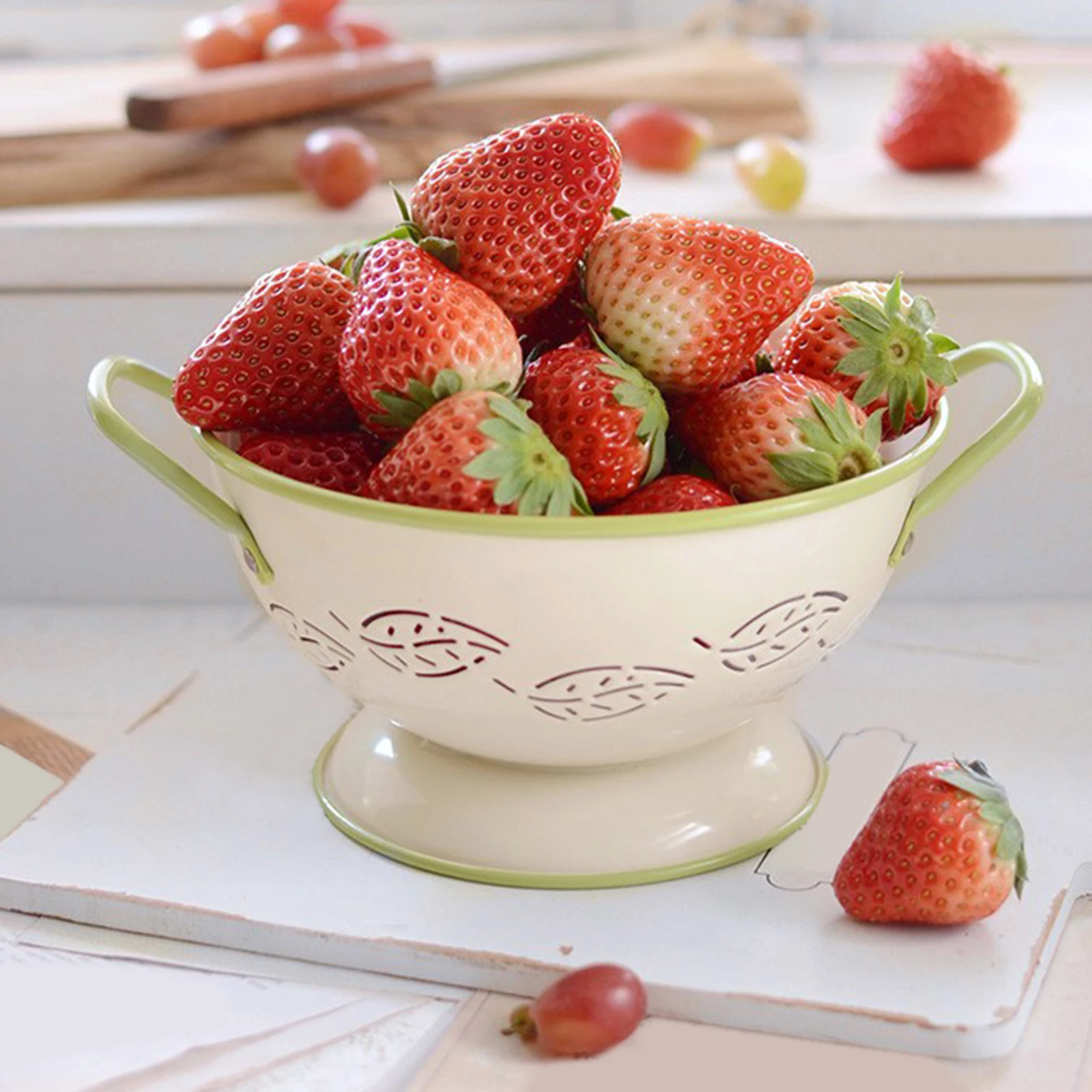 Floral Fruit Basket Storage Tray Round Drainer Colander Plate Tableware Country Style Drain Bowl for Vegetables Holidays Kitchen