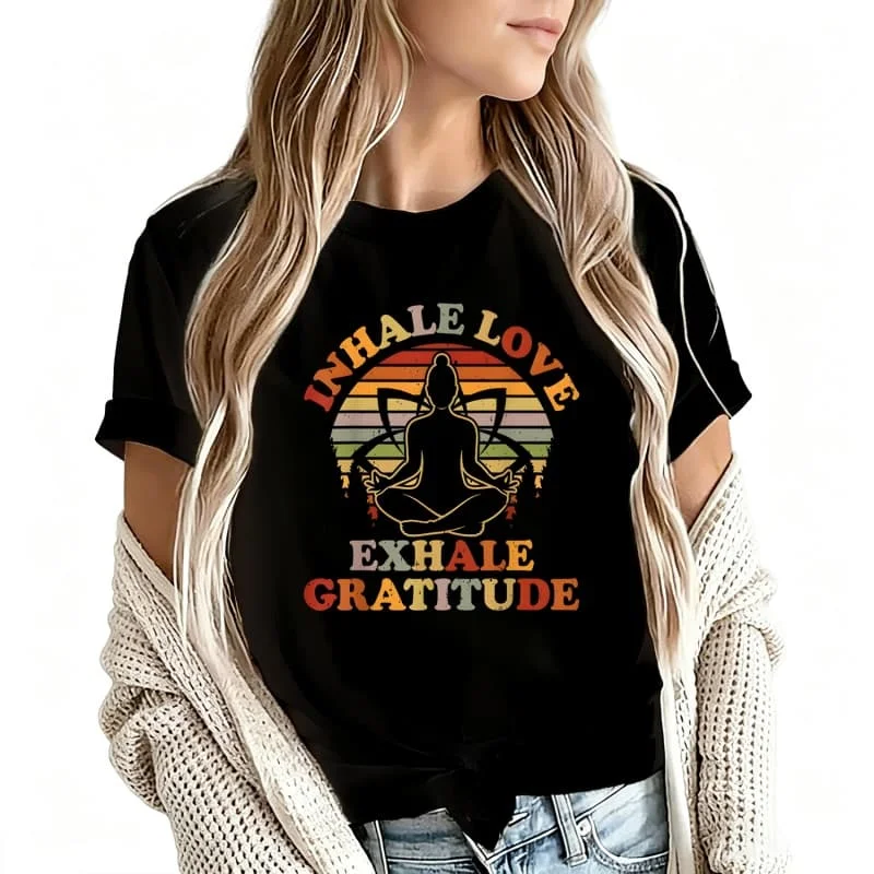 Inhale Love Exhale Gratitude Women's T-Shirt 100% Cotton Funny Graphic Short Sleeve Tee Novelty Shirt Casual Crew Neck Top S-5Xl