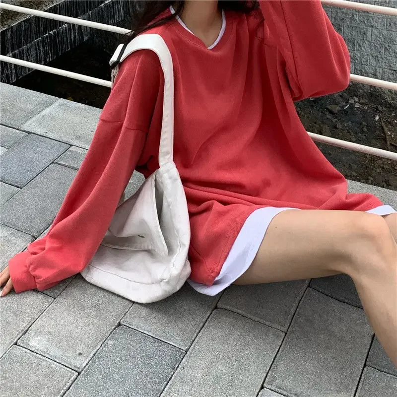 

Женские толстовки без шляпы, искусственные однотонные толстовки из двух предметов в стиле Харадзюку 2XL, модные толстовки, тонкие уличные корейские стильные универсальные повседневные толстовки