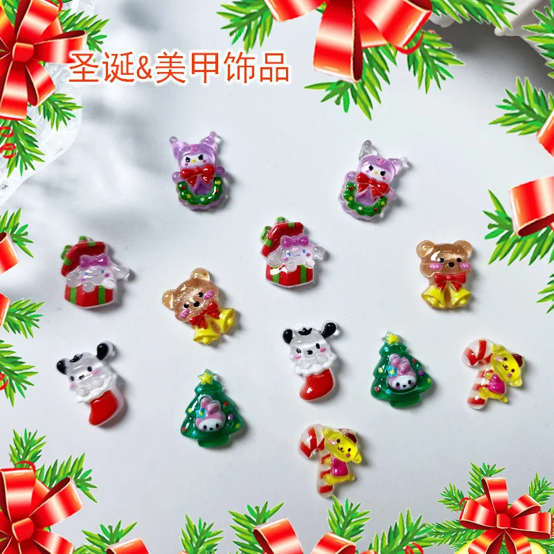 50Pcs Christmas New Cartoon Nail Accessories Cute Bear Bell Melody Christmas Tree Nail Charm DIY Decorations