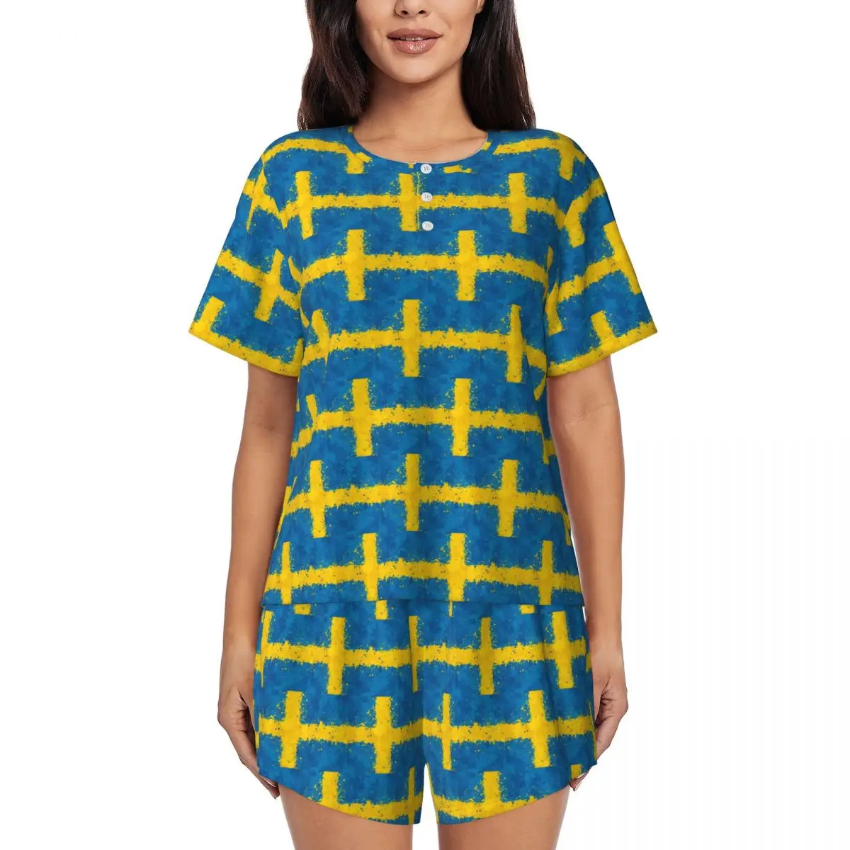 

Swedish Flag Round Neck Short Sleeve Nightgowns for Sleeping Sleepshirts Women Soft Pajama Set Short Pants