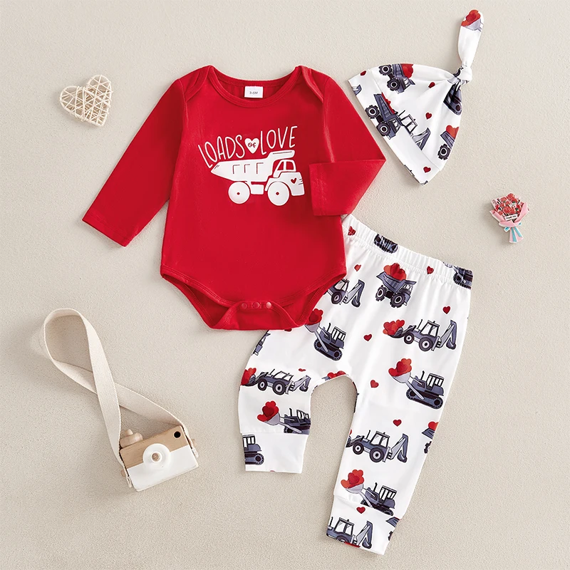 Baby Fall Outfits with Hats Truck Love Heart Pattern Crew Neck Long Sleeve Rompers with Pants 3 Pcs Set