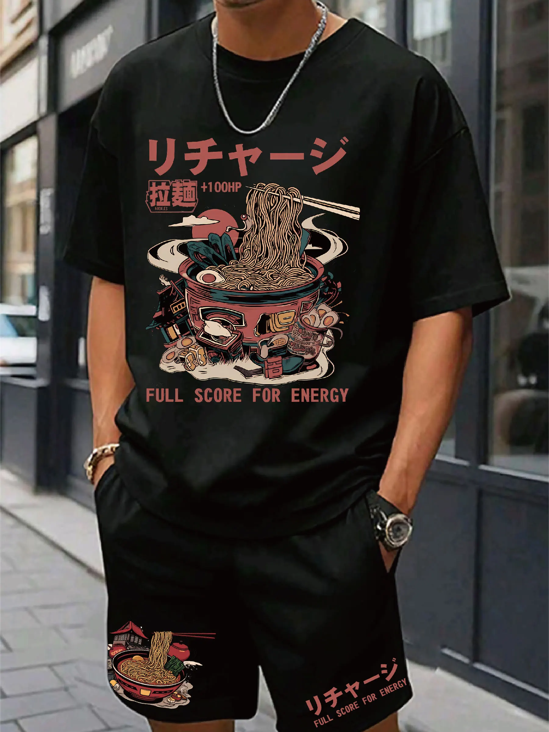 

Trendy short-sleeved T-shirt Black Ramen Energy Print for daily leisure