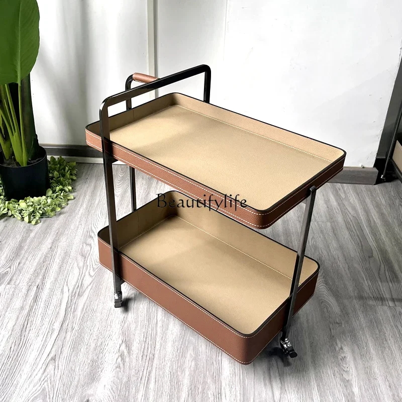 New Italian minimalist double-layer small coffee table simple light luxury premium saddle leather trolley