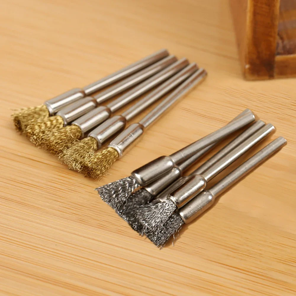 10Pcs/set 5mm Pencil Brushes Stainless Steel/Copper Wire Wheel Brush 3.17mm Shank Mandrel for Dremel Rotary Tools Abrasive Tool